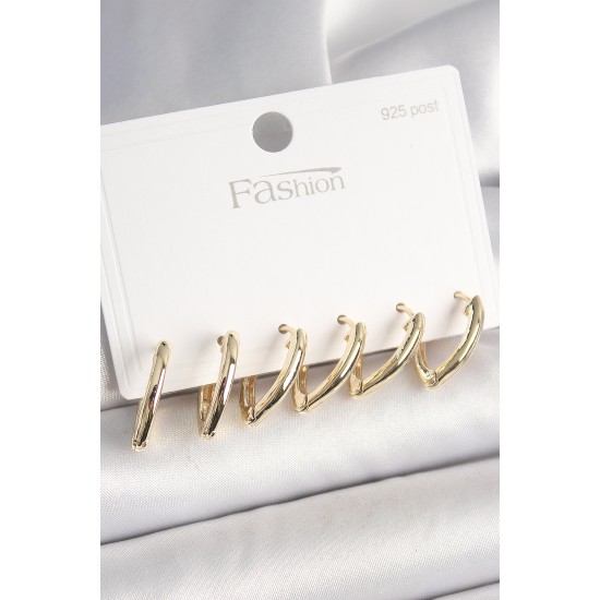 925 Ayar Gümüş Çivi Pirinç Gold Renk Üçgen Model Kadın Küpe Seti - TJ-BKP10415