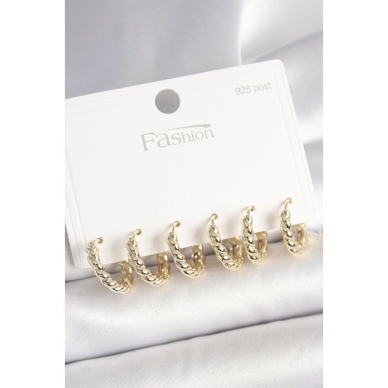 925 Ayar Gümüş Çivi Pirinç Gold Renk Sarmal Halka Model Kadın Küpe Seti - TJ-BKP10417