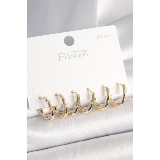 925 Ayar Gümüş Çivi Pirinç Gold Renk Oval Halka Model Kadın Küpe Seti - TJ-BKP10419