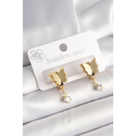 toptan-xml-dropshipping-316L Çelik Gold Renk Sallantı Zirkon Taş Detaylı Simli Kelebek Model Kadın Küpe - TJ-BKP10420