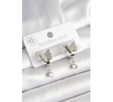 316L Çelik Gümüş Renk Sallantı Zirkon Taşlı Simli Kelebek Model Kadın Küpe - TJ-BKP10421