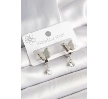 316L Çelik Gümüş Renk Sallantı Zirkon Taşlı Simli Kelebek Model Kadın Küpe - TJ-BKP10421