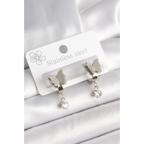 316L Çelik Gümüş Renk Sallantı Zirkon Taşlı Simli Kelebek Model Kadın Küpe - TJ-BKP10421