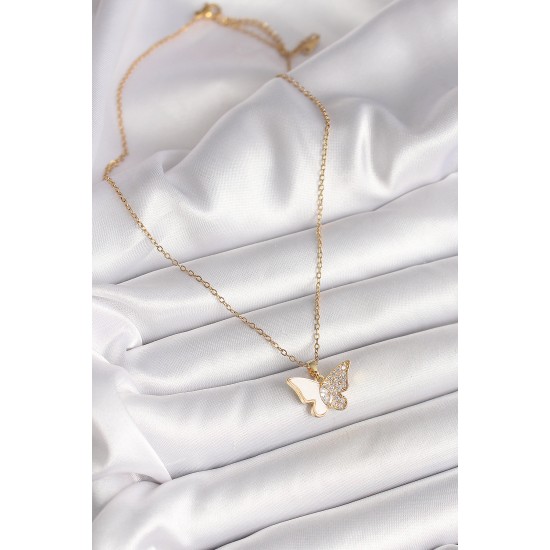316L Çelik Gold Renk Zincir Zirkon Taşlı Beyaz Mineli Kelebek Model Kadın Kolye - TJ-BKO9940
