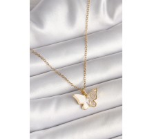 316L Çelik Gold Renk Zincir Zirkon Taşlı Beyaz Mineli Kelebek Model Kadın Kolye - TJ-BKO9940