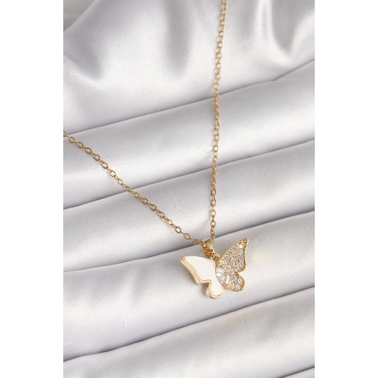 316L Çelik Gold Renk Zincir Zirkon Taşlı Beyaz Mineli Kelebek Model Kadın Kolye - TJ-BKO9940