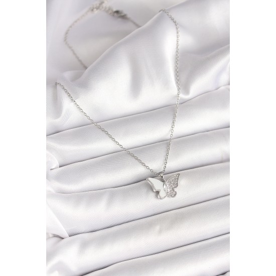316L Çelik Gümüş Renk Zincir Zirkon Taşlı Beyaz Mineli Kelebek Model Kadın Kolye - TJ-BKO9941