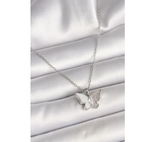 316L Çelik Gümüş Renk Zincir Zirkon Taşlı Beyaz Mineli Kelebek Model Kadın Kolye - TJ-BKO9941