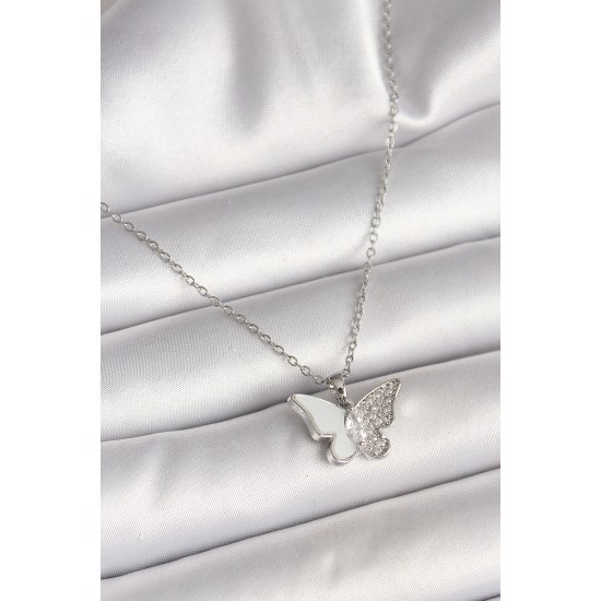 316L Çelik Gümüş Renk Zincir Zirkon Taşlı Beyaz Mineli Kelebek Model Kadın Kolye - TJ-BKO9941