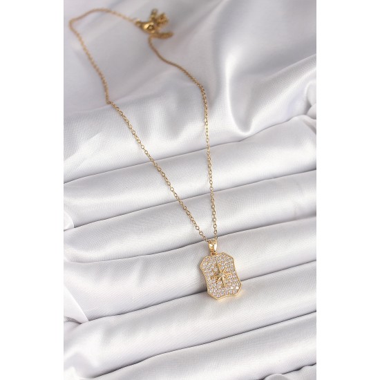 316L Çelik Gold Renk Zincir Zirkon Taşlı Kutup Yıldız İşlemeli Madalyon Model Kadın Kolye - TJ-BKO9942