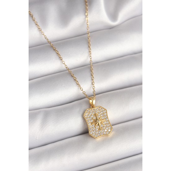 316L Çelik Gold Renk Zincir Zirkon Taşlı Kutup Yıldız İşlemeli Madalyon Model Kadın Kolye - TJ-BKO9942