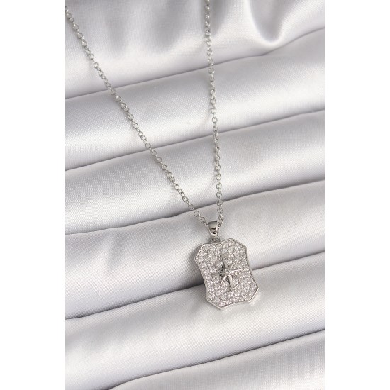 316L Çelik Gümüş Renk Zincir Zirkon Taşlı Kutup Yıldız İşlemeli Madalyon Model Kadın Kolye - TJ-BKO9943