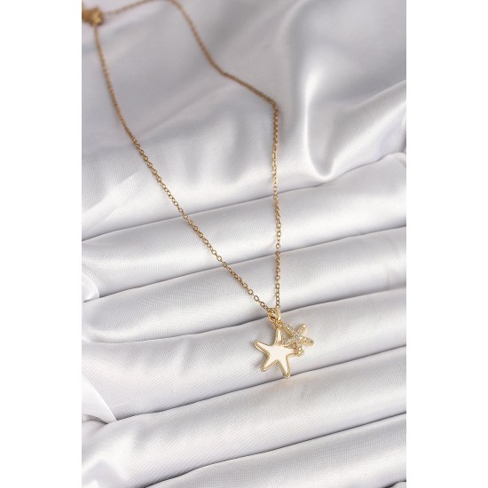 316L Çelik Gold Renk Zincir Zirkon Taşlı Beyaz Mineli Deniz Yıldızı Model Kadın Kolye - TJ-BKO9944