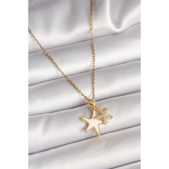 316L Çelik Gold Renk Zincir Zirkon Taşlı Beyaz Mineli Deniz Yıldızı Model Kadın Kolye - TJ-BKO9944