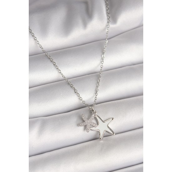 316L Çelik Gümüş Renk Zincir Zirkon Taşlı Beyaz Mineli Deniz Yıldız Model Kadın Kolye - TJ-BKO9945