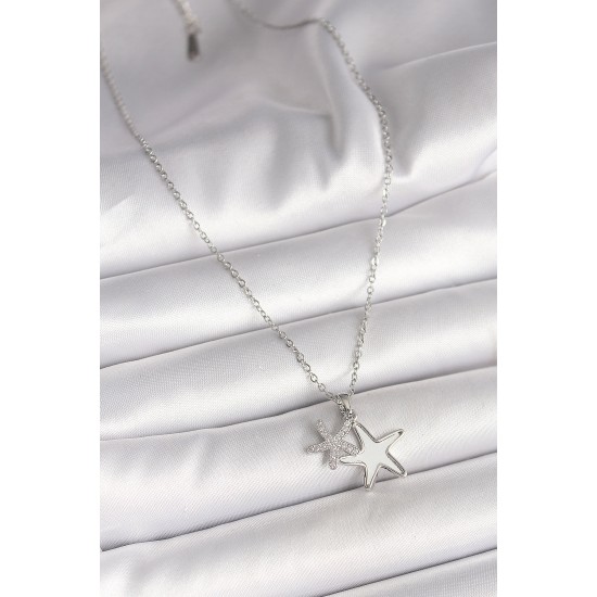 316L Çelik Gümüş Renk Zincir Zirkon Taşlı Beyaz Mineli Deniz Yıldız Model Kadın Kolye - TJ-BKO9945