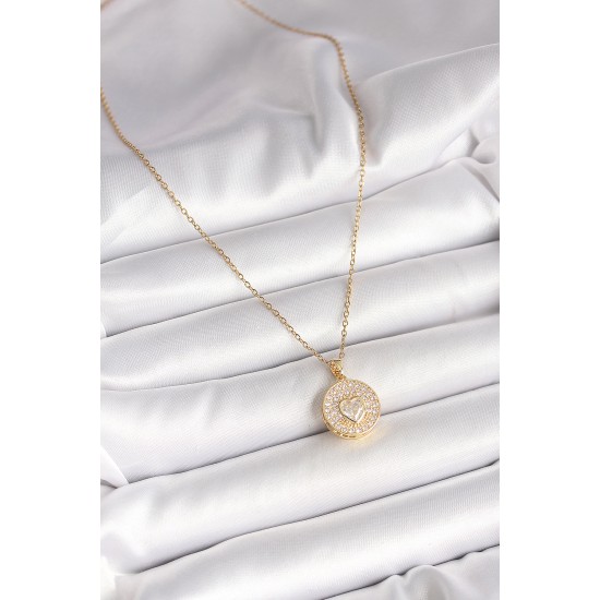 316L Çelik Gold Renk Zincir Madalyon Zirkon Taşlı Kalp Model Kadın Kolye - TJ-BKO9946