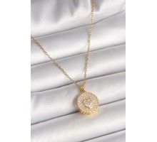 316L Çelik Gold Renk Zincir Madalyon Zirkon Taşlı Kalp Model Kadın Kolye - TJ-BKO9946