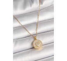 316L Çelik Gold Renk Zincir Madalyon Zirkon Taşlı Kalp Model Kadın Kolye - TJ-BKO9946