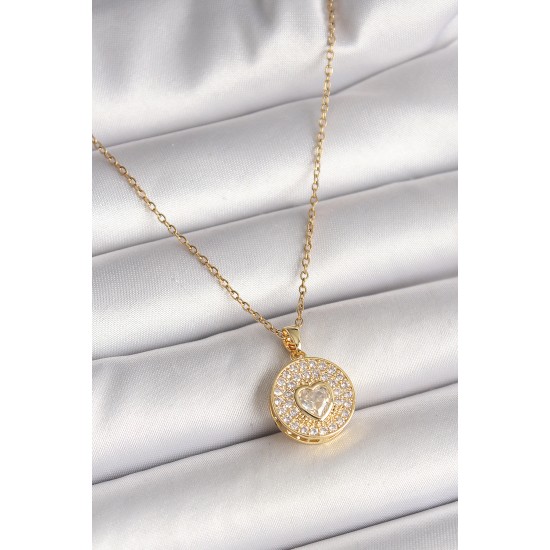 316L Çelik Gold Renk Zincir Madalyon Zirkon Taşlı Kalp Model Kadın Kolye - TJ-BKO9946