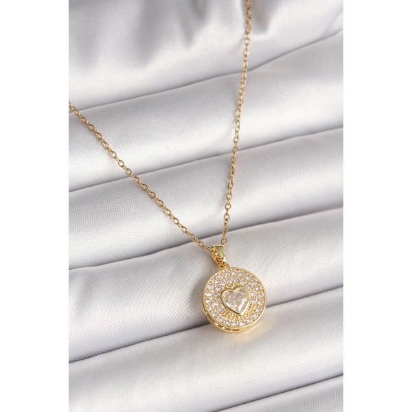 316L Çelik Gold Renk Zincir Madalyon Zirkon Taşlı Kalp Model Kadın Kolye - TJ-BKO9946
