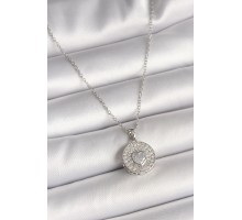 316L Çelik Gümüş Renk Zincir Zirkon Taşlı Kalp İşlemeli Madalyon Model Kadın Kolye - TJ-BKO9947