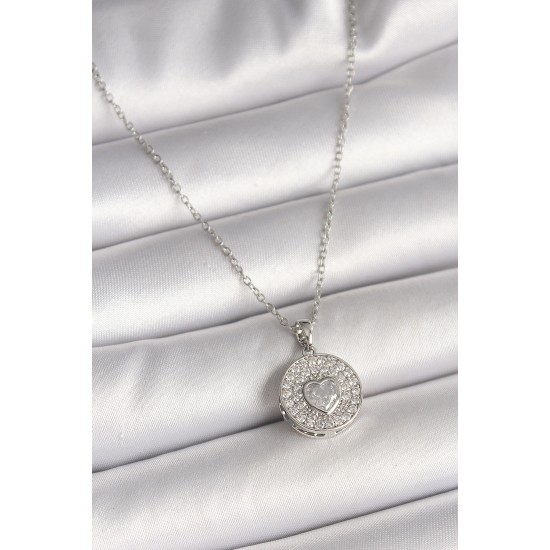 316L Çelik Gümüş Renk Zincir Zirkon Taşlı Kalp İşlemeli Madalyon Model Kadın Kolye - TJ-BKO9947