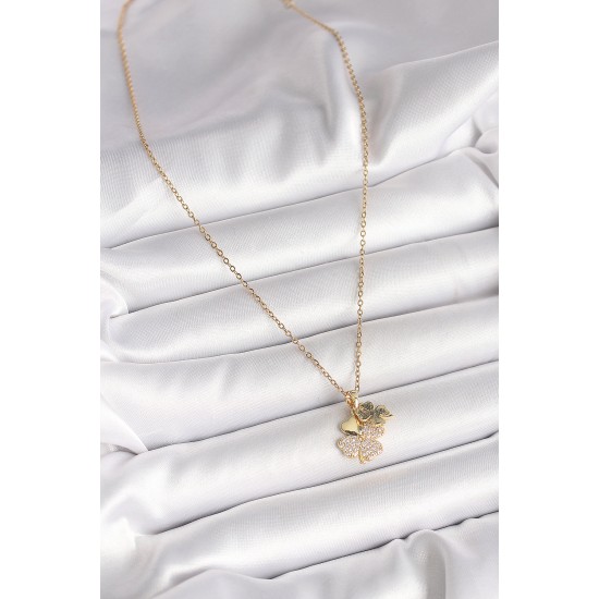 316L Çelik Gold Renk Zincir Sallantı Zirkon Taşlı Yonca Model Kadın Kolye - TJ-BKO9948