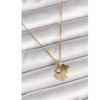 316L Çelik Gold Renk Zincir Sallantı Zirkon Taşlı Yonca Model Kadın Kolye - TJ-BKO9948
