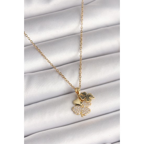 316L Çelik Gold Renk Zincir Sallantı Zirkon Taşlı Yonca Model Kadın Kolye - TJ-BKO9948
