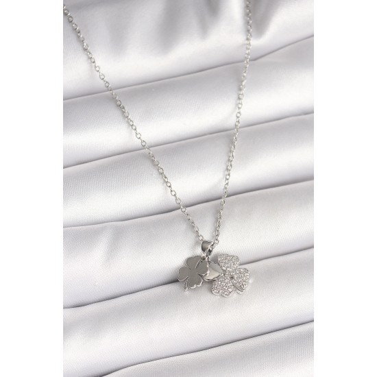 316L Çelik Gümüş Renk Zincir Sallantı Zirkon Taşlı Yonca Model Kadın Kolye - TJ-BKO9949