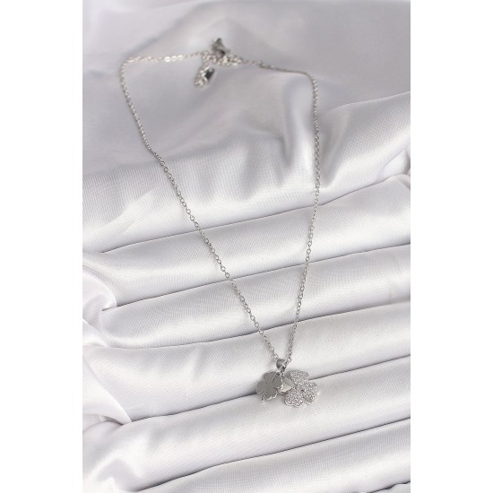316L Çelik Gümüş Renk Zincir Sallantı Zirkon Taşlı Yonca Model Kadın Kolye - TJ-BKO9949