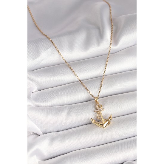 316L Çelik Gold Renk Zincir Zirkon Taş Detaylı Çapa Model Kadın Kolye - TJ-BKO9950