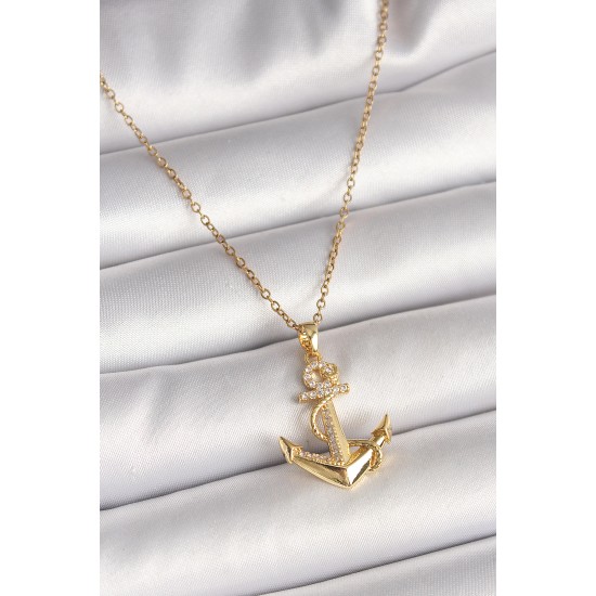 316L Çelik Gold Renk Zincir Zirkon Taş Detaylı Çapa Model Kadın Kolye - TJ-BKO9950