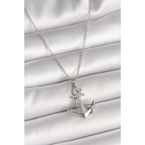 316L Çelik Gümüş Renk Zincir Zirkon Taş Detaylı Çapa Model Kadın Kolye - TJ-BKO9951