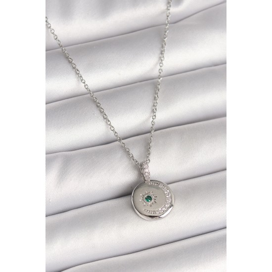 316L Çelik Gümüş Renk Zincir Madalyon Zirkon Taşlı İşlemeli Hilal Yıldız Model Kadın Kolye - TJ-BKO9953