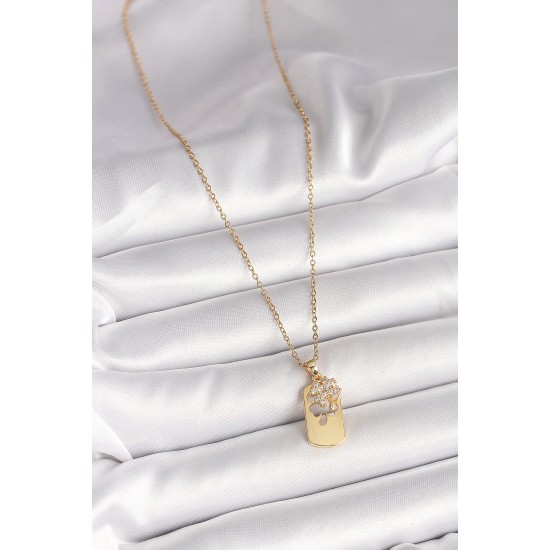 316L Çelik Gold Renk Zincir Zirkon Taşlı Yonca Model Kadın Kolye - TJ-BKO9954