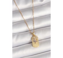 316L Çelik Gold Renk Zincir Zirkon Taşlı Yonca Model Kadın Kolye - TJ-BKO9954
