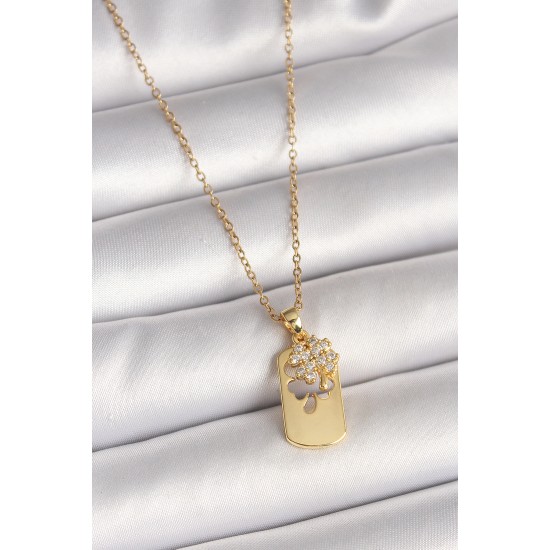 316L Çelik Gold Renk Zincir Zirkon Taşlı Yonca Model Kadın Kolye - TJ-BKO9954