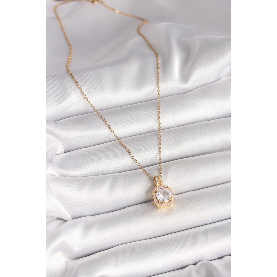 316L Çelik Gold Renk Zincir Zirkon Taşlı Kare Model Kadın Kolye - TJ-BKO9956