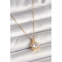 316L Çelik Gold Renk Zincir Zirkon Taşlı Kare Model Kadın Kolye - TJ-BKO9956