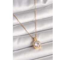 316L Çelik Gold Renk Zincir Zirkon Taşlı Kare Model Kadın Kolye - TJ-BKO9956