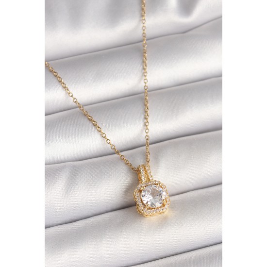 316L Çelik Gold Renk Zincir Zirkon Taşlı Kare Model Kadın Kolye - TJ-BKO9956