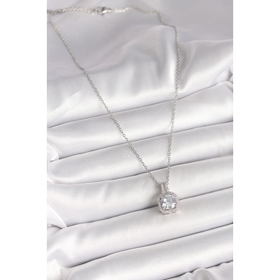 316L Çelik Gümüş Renk Zincir Zirkon Taşlı Kare Model Kadın Kolye - TJ-BKO9957