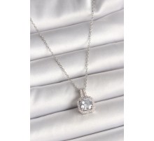 316L Çelik Gümüş Renk Zincir Zirkon Taşlı Kare Model Kadın Kolye - TJ-BKO9957