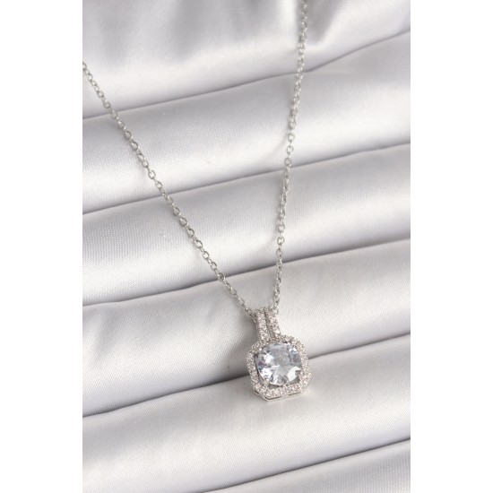 316L Çelik Gümüş Renk Zincir Zirkon Taşlı Kare Model Kadın Kolye - TJ-BKO9957