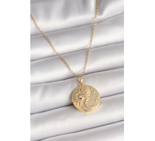 316L Çelik Gold Renk Zincir Zirkon Taşlı Ay Güneş İşlemeli Madalyon Model Kadın Kolye - TJ-BKO9958