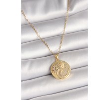 316L Çelik Gold Renk Zincir Zirkon Taşlı Ay Güneş İşlemeli Madalyon Model Kadın Kolye - TJ-BKO9958