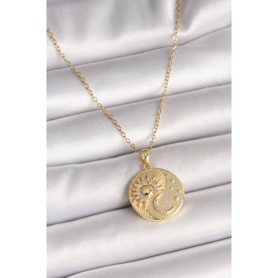 316L Çelik Gold Renk Zincir Zirkon Taşlı Ay Güneş İşlemeli Madalyon Model Kadın Kolye - TJ-BKO9958