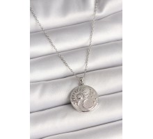 316L Çelik Gümüş Renk Zincir Zirkon Taşlı Ay Güneş İşlemeli Madalyon Model Kadın Kolye - TJ-BKO9959